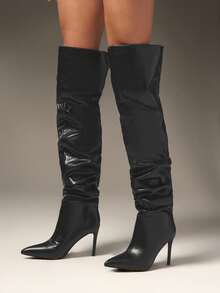 SHUZIA Nuevo bota alta de tacón de mujer sexy de piel sintética negra PU con puntera puntiaguda, cómoda y holgada para otoño, invierno y días festivos - Negro - Ver 6