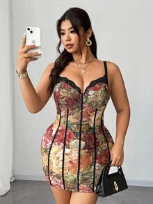 Elenzga Robe camisole jacquard grande taille pour femmes, robe asymétrique sexy, transparente avec découpe à l'épaule, ajustée, patchwork brodé jacquard pour femmes, printemps/été, tenue de soirée/décontracté