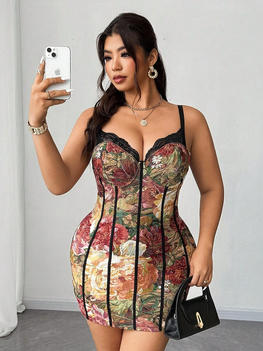 Elenzga Robe camisole jacquard grande taille pour femmes, robe asymétrique sexy, transparente avec découpe à l'épaule, ajustée, patchwork brodé jacquard pour femmes, printemps/été, tenue de soirée/décontracté