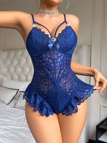 SHEIN Women's Sexy Lace Backless Bodysuit Lingerie Blue Lace Bodysuit Navy Lingerie Set Lace Lingerie Set Exotic Lingerie - Navy Blue - View 4