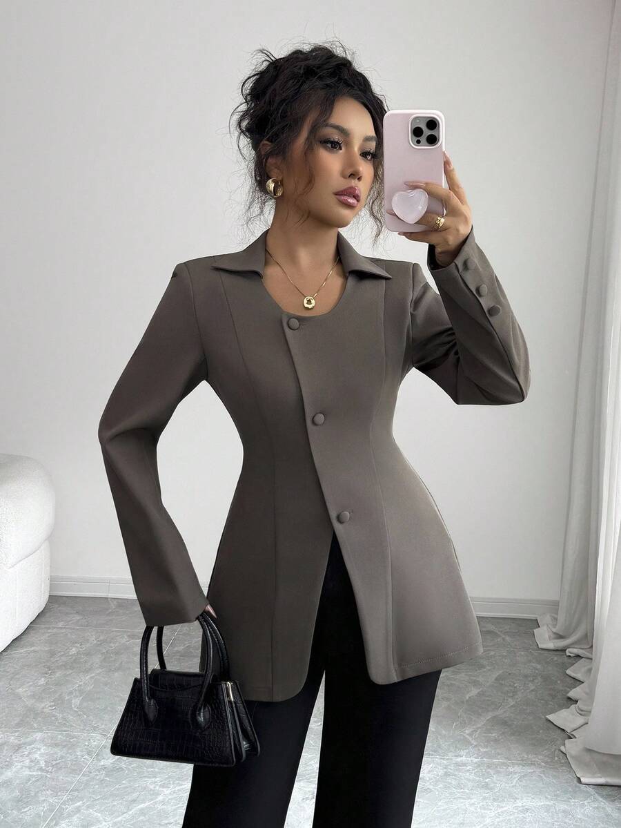 SHEIN Clasi 女士优雅领口不对称下摆长袖夹克,修身版型,适合办公室通勤,棕色 - 棕色 - 查看 1