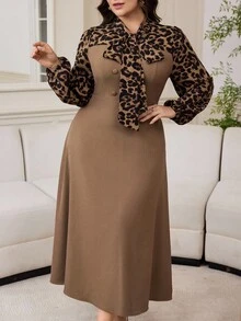 Modelyn 加大码豹纹荷叶边领灯笼袖修身时尚女式连衣裙 - 彩色 - 查看 6