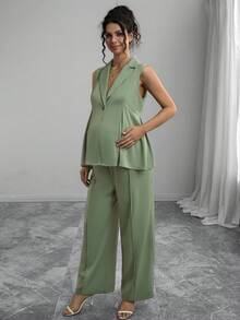 Momance Sleeveless Suit Set, Elegant & Romantic Fitted Waistline Business Maternity Outfit - Green - View 4