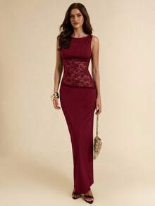 SHEIN BAE Váy ôm sát ren chắp vá không đối xứng màu đen, váy đi nghỉ gợi cảm - Màu Đỏ Sâu - Xem 2