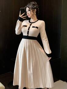 DAZY Women's Elegant Colorblock Round Neck Sweater Dress, Autumn