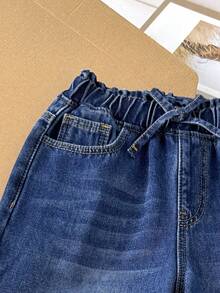 SHEIN Tween Girls' Fashion Casual Basic Simple Blue Denim Thermal Lined Loose Fit Baggy Jeans,For Girls Fall/Winter Dailywear Costume,Girls Streetwear Outfits,Girls Halloween And Christmas Outfits,Lined Jeans, Thermal Lined Jeans, Winter Jeans, Baggy Jeans, Teen Jeans - Dark Wash - View 5