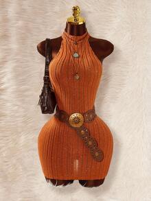 Amplova 女士时尚性感侧开衩露背迷你度假连衣裙 - 橘色 - 查看 4