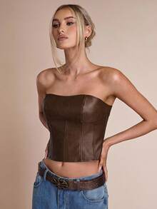 SHEIN BAE Women's Solid Color Fitted Bandeau Top With Boning,Brown Top - Mocha Brown - View 4