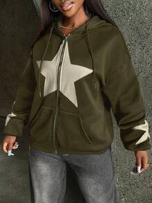 INAWLY Women's Star Patchwork Drop Shoulder Loose Zip Up Drawstring Hoodie, Spring & Autumn,Long Sleeve Top,Graduation,Teacher,Back To School Pullover Fall - Army Green - View 3