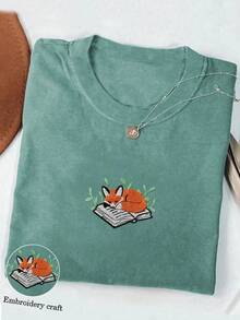 女士狐狸刺绣圆领宽松休闲短袖T恤 - 青碧色 - 查看 3