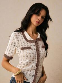 Poéselle Áo thun tay ngắn cổ polo màu tương phản dành cho nữ vào mùa thu/đông - Lạc đà - Xem 7