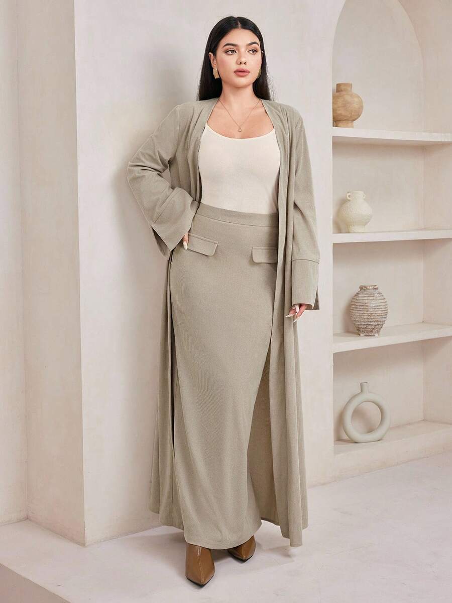 Veilorie 2件套女士纯色长袖开衫和裙子套装 - 卡其色 - 查看 1