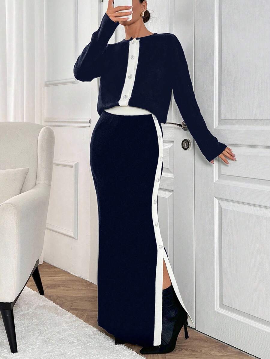 EURMUSE Women 2 Pieces Cardigan And Maxi Skirt Set With Rhinestone Button And Side Detail,Co Ord,Winter Clothes - Navy Blue - View 1