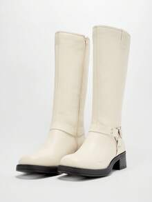 Solezae 女士冬季保暖时尚舒适粗跟中筒作战靴，带绑带和五金装饰 - 白色 - 查看 6