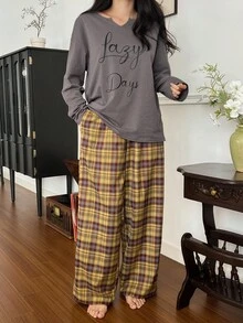 DAZY 2 件套女士宽松文字印花长袖上衣和格子裤睡衣套装，秋季服装 - 灰色 - 查看 5