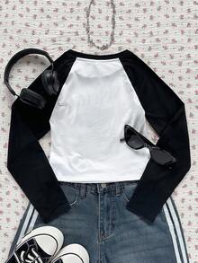 SHEIN Tween Girls Vintage Racing Car Pattern, Teen Girls Casual Minimalist Raglan Sleeve T-Shirt, Suitable For Summer Fall Winter - Black and White - View 2