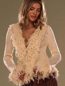 SHEIN BAE Áo khoác cardigan tua rua tay loe màu trơn dành cho nữ - Màu be - Xem 1