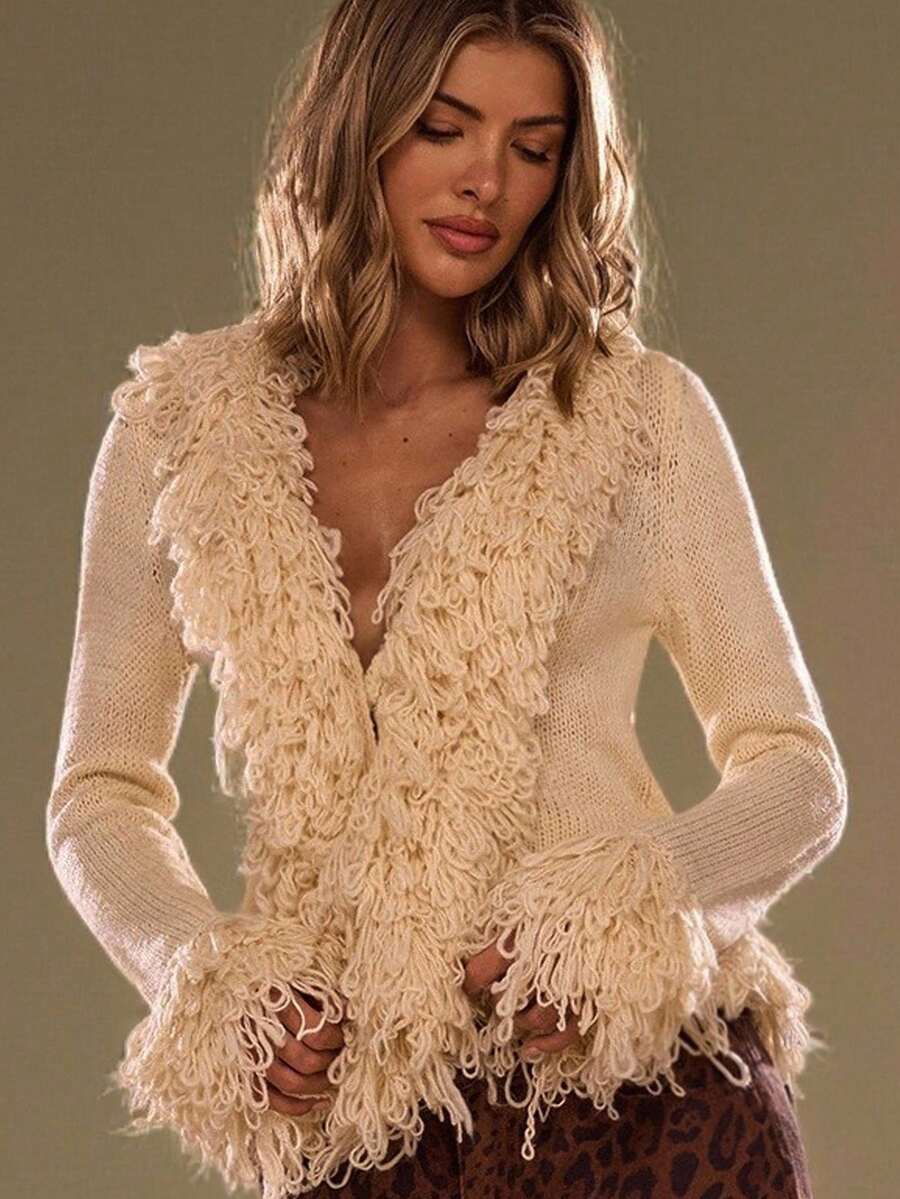 SHEIN BAE Áo khoác cardigan tua rua tay loe màu trơn dành cho nữ - Màu be - Xem 1