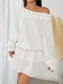 SHEIN LUNE New Women's Off Shoulder Ruffle Long Sleeve Loose Casual Hem Flounce Design Sweatshirt, Versatile For Spring/Autumn Vacation And Daily Wear, Suitable For Young Ladies