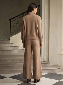 ZEYLAH Women's Turtleneck Sweater And Knitted Pants With Pockets 2 Pieces Set, Autumn/Winter - Camel - View 3