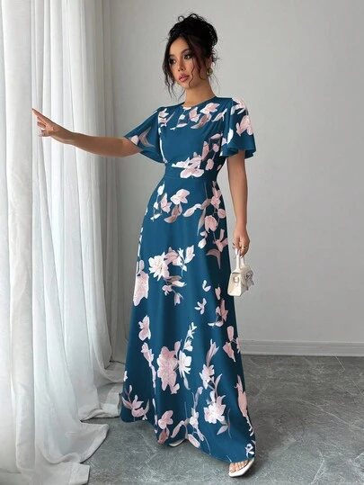 Selianne Ruffle Sleeve Round Neck Waist Cinched Digital Print Elegant Romantic Women Dress