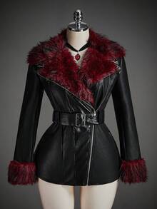 SHEIN ICON Áo khoác dạ dạ hội bằng da mềm mại màu tương phản màu đen Gothic Halloween dành cho nữ, thời trang đi làm, lông giả, chắp vá, mùa đông - màu đen - Xem 7