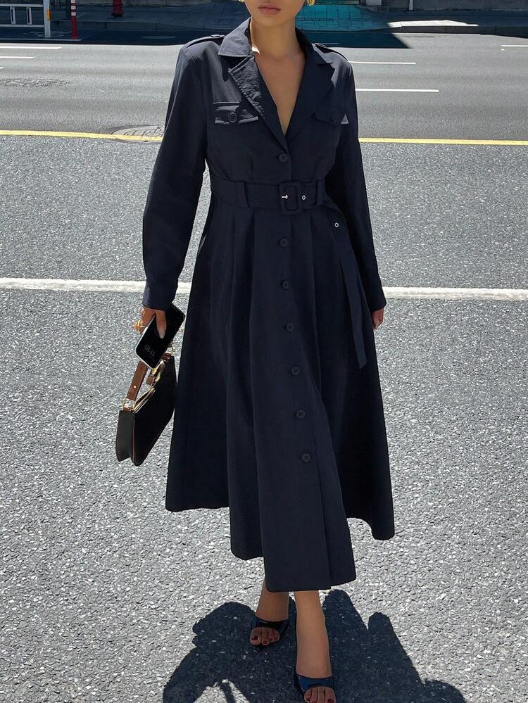 Women's Fashionable Casual Waist Belt Trench Coat Style Mid-Length Dress Button Up Shirt Dress