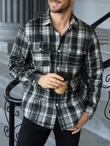 Manfinity CasualCool 男士纽扣前长袖格子夹克，休闲日常装，秋季男装，冬季男士夹克，保暖夹克，格子衬衫 - 彩色 - 查看 4