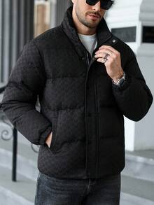 Manfinity CasualCool 男士拉链格子撞色长袖口袋冬季棉服外套，男士冬季外套，拼色加绒保暖冬季外套，格子冬季外套 - 黑色 - 查看 5