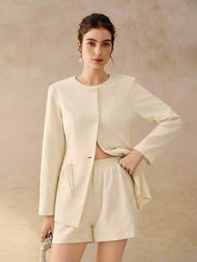 Cévolie 女士新款秋冬法式领结羊毛夹克和高腰阔腿短裤套装