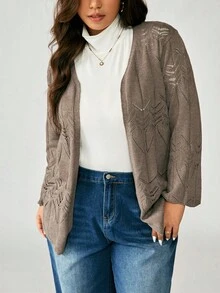 EMERY ROSE Elegant Mature Hollow Floral Pattern Cardigan, No Buttons - Mocha Brown - View 4