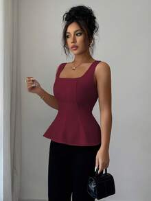 Elenzga Women's Elegant Square Neck Sleeveless Blouse With Front Slit, Suitable For Office, Commute, Afternoon Tea, Party, Vacation, Casual Wear, Spring/Summer - Burgundy - View 5