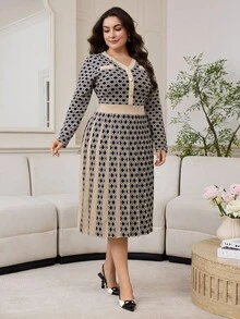Modelyn 秋季大码女式几何图案V领长袖优雅针织连衣裙 - 藏蓝色 - 查看 5