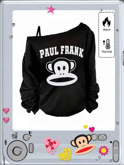 Paul Frank X ROMWE Plus Size Asymmetrical Neck Letter & Cartoon Pattern Loose Sweatshirt, Thermal Lined For Autumn/Winter
