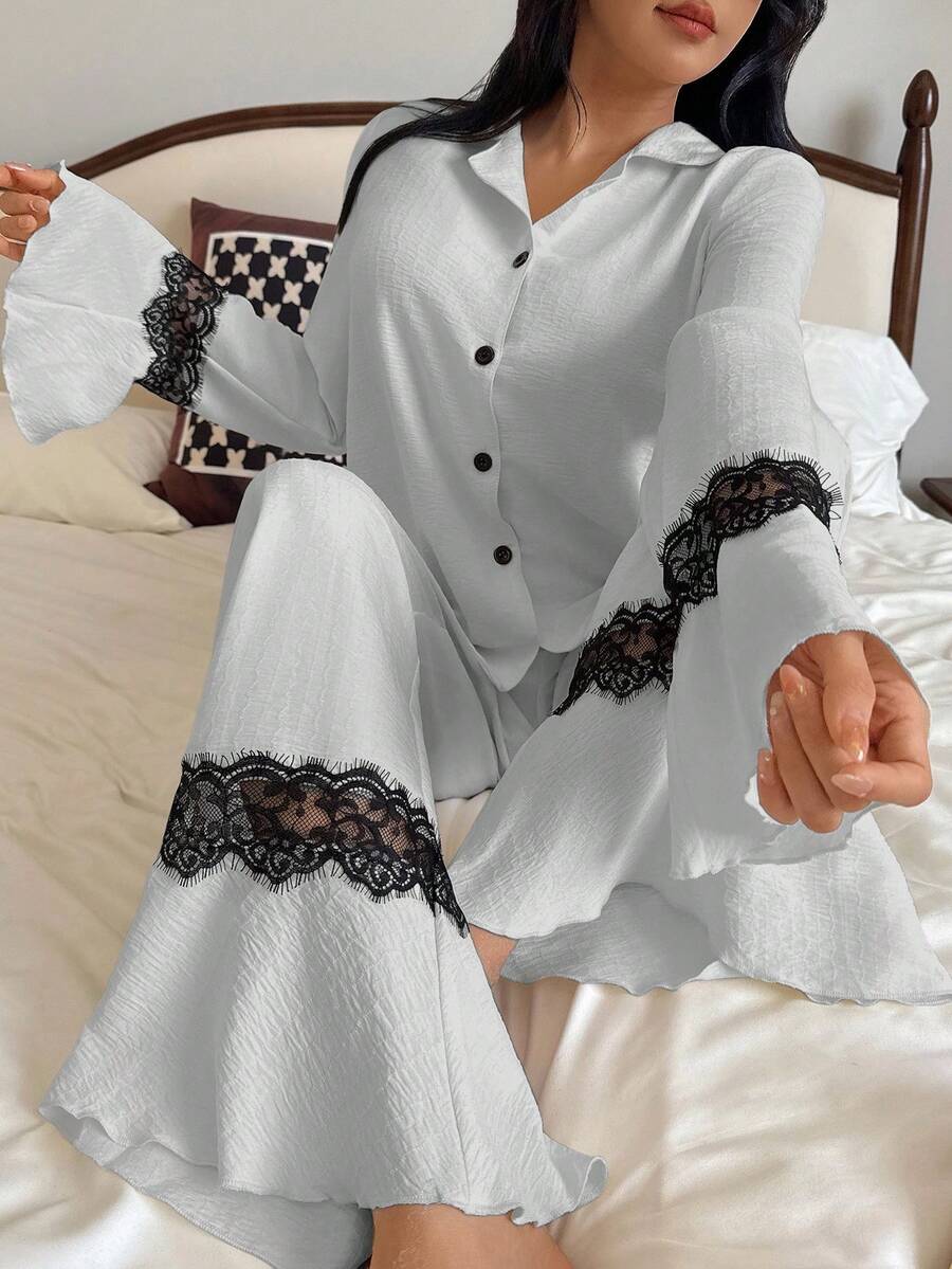 SHEIN 两件套女士休闲长袖撞色蕾丝上衣和裤子睡衣套装 关键词：两件套睡衣套装，秋冬服装 - 灰色 - 查看 1