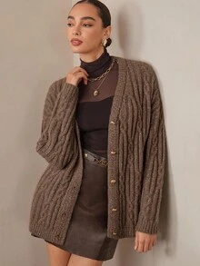 Modelyn 女士宽松V领串珠马海毛开衫，百搭 - 咖啡棕 - 查看 4