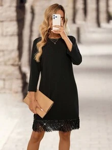 EMERY ROSE Damen Einfarbiges Rundhals Langarm Kleid mit Fransen Saum, lässige Mode Mini Kleid