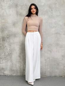 SHEIN Unity Pantalones anchos casuales con pliegues, cintura alta y bolsillos, unicolor, para mujeres - Blanco - Ver 6