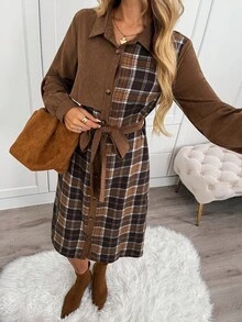 SHEIN LUNE 女式休闲格子腰带长袖衬衫裙秋季连衣裙秋季连衣裙咖啡棕色连衣裙大地色连衣裙棕色女装秋季女装女装冬季女装秋季女装女装优雅商务休闲女装棕色女式工作服棕色连衣裙冬季连衣裙女式格子连衣裙 - 彩色 - 查看 7