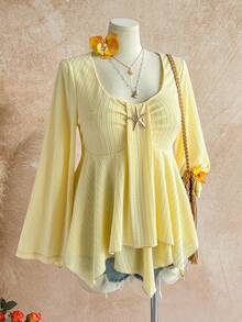 Soleia Plus Size Women's Vacation Yellow Flared Long Sleeve Layered Hem T-Shirt - Yellow - View 8