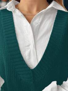 Calvaya 秋季大码女式纯色深V休闲宽松针织背心 - 水鴨藍 - 查看 5