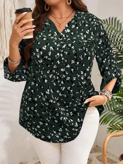 EMERY ROSE Plus size kvinnors tidig vår 3/4 ärm Burgundy blommönster blus