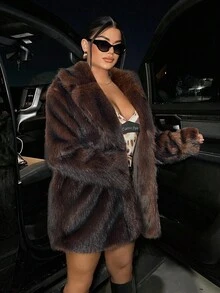 SHEIN SXY 女士仿皮草大衣，秋冬保暖户外休闲装 - 摩卡棕 - 查看 5