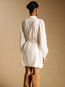 Poéselle 女士休闲纯色腰带长袖短款连衣裙 - 白色 - 查看 6