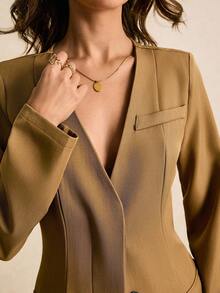 Poéselle Áo khoác dài tay dài cổ bẻ cài nút đơn dành cho nữ mùa thu/đông - màu nâu - Xem 3