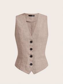 Ellevyn 女士纯色 V 领无袖时尚前扣优雅背心和短裤通勤办公室风格套装 - 粉色 - 查看 4