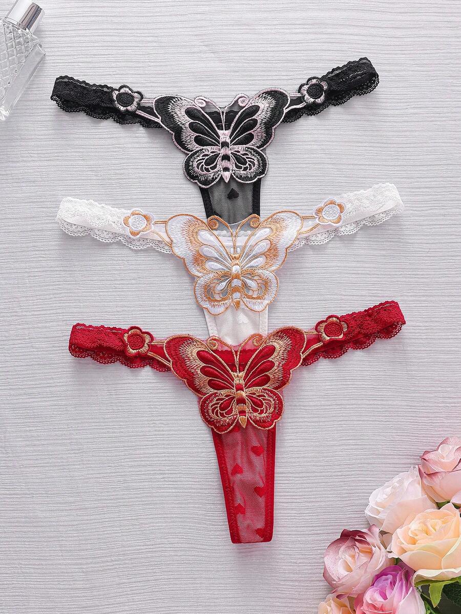 SHEIN 3pcs/Pack Women's Low Waist Lace Thong Panties, Random Heart Pattern - Multicolor - View 1