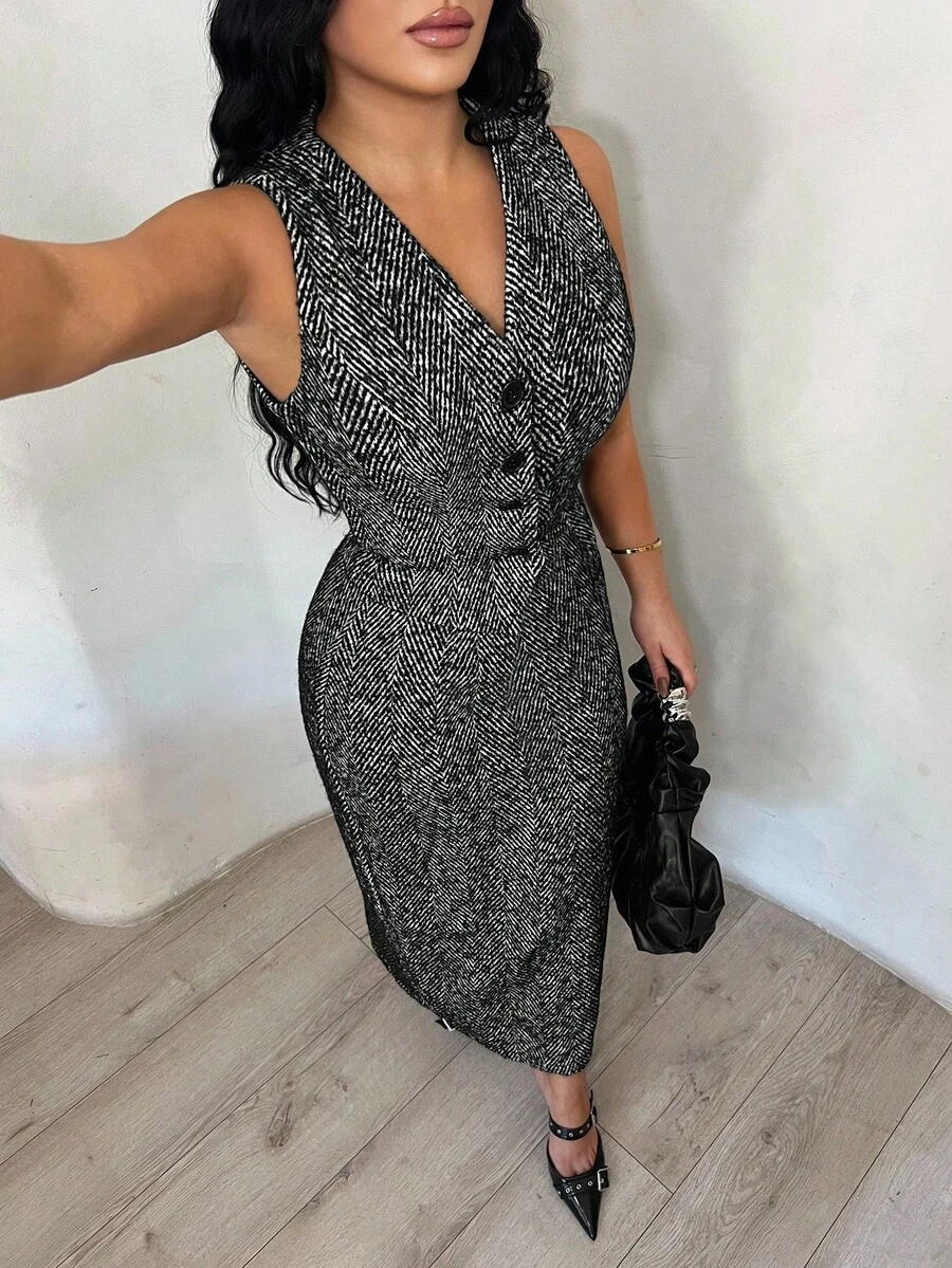 SHEIN SXY Blusa informal de negocios para mujer en negro y blanco, falda, uniforme de trabajo