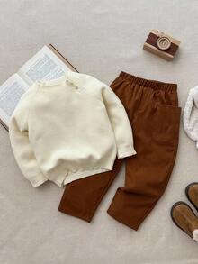 Blossori 男童法式优雅宽松宽口袋裤 - 棕色 - 查看 5