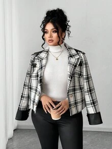 Elenzga Plus Size Women Plaid Patchwork PU Elegant Blazer Jacket With Button Closure, Autumn/Winter - Black and White - View 6